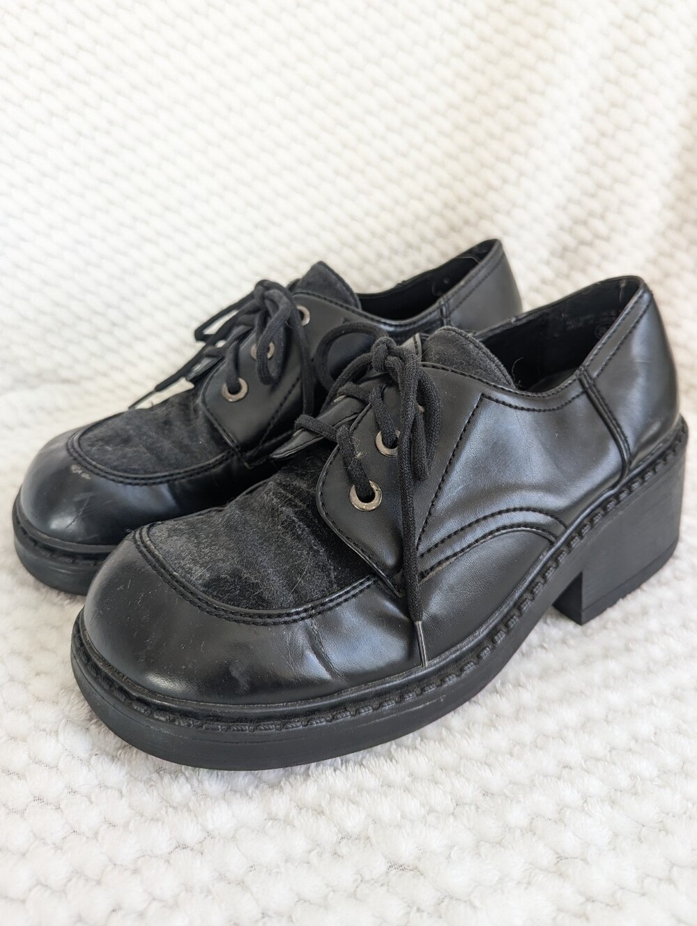 90s Chunky Black Platform Oxford Loafers Faux Leather and Suede 8.5 Grungy